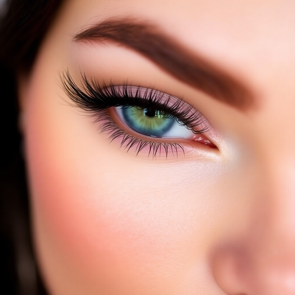 A photorealistic close-up showcasing a model's eyes with perfectly applied eyelash extensions. Focus on the length, volume, and curl of the extensions. Use soft lighting to highlight the natural beauty of the eyes. The background should be simple and clean.