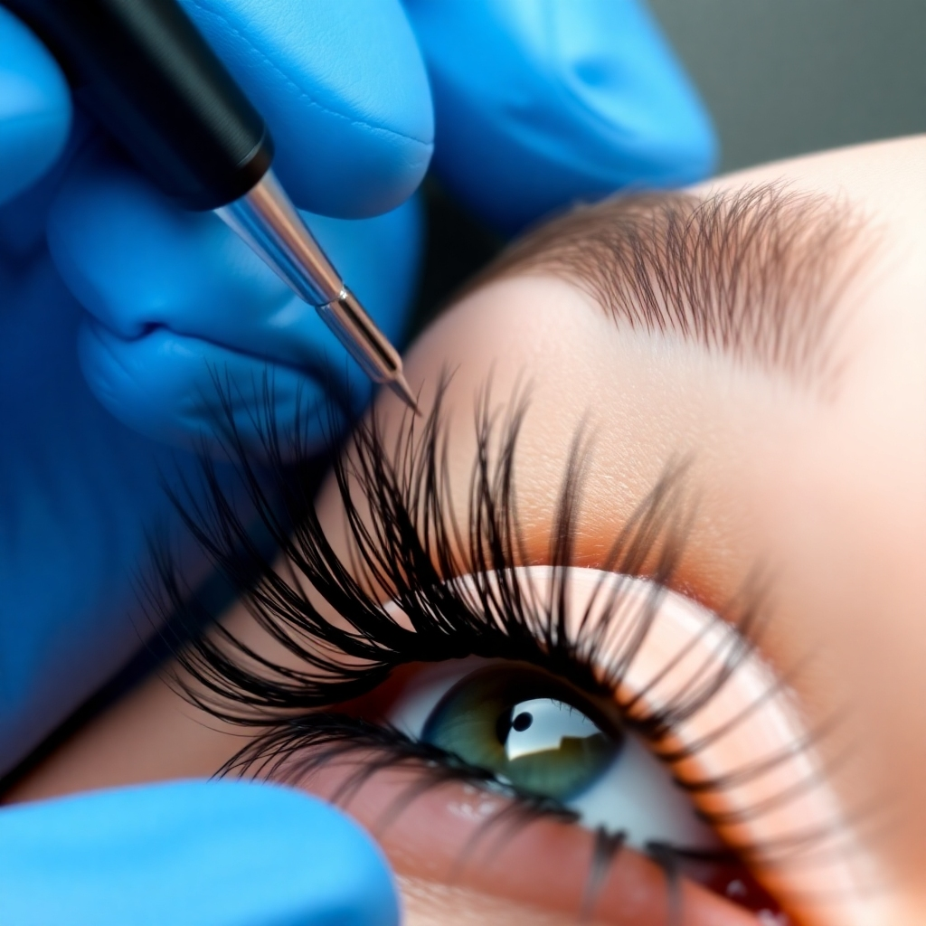 Capture the beauty and artistry of eyelash extensions. Focus on the details of the individual lashes and the overall effect on the eyes. Use high-quality images with a professional aesthetic. Emphasize the meticulousness of the technique.
