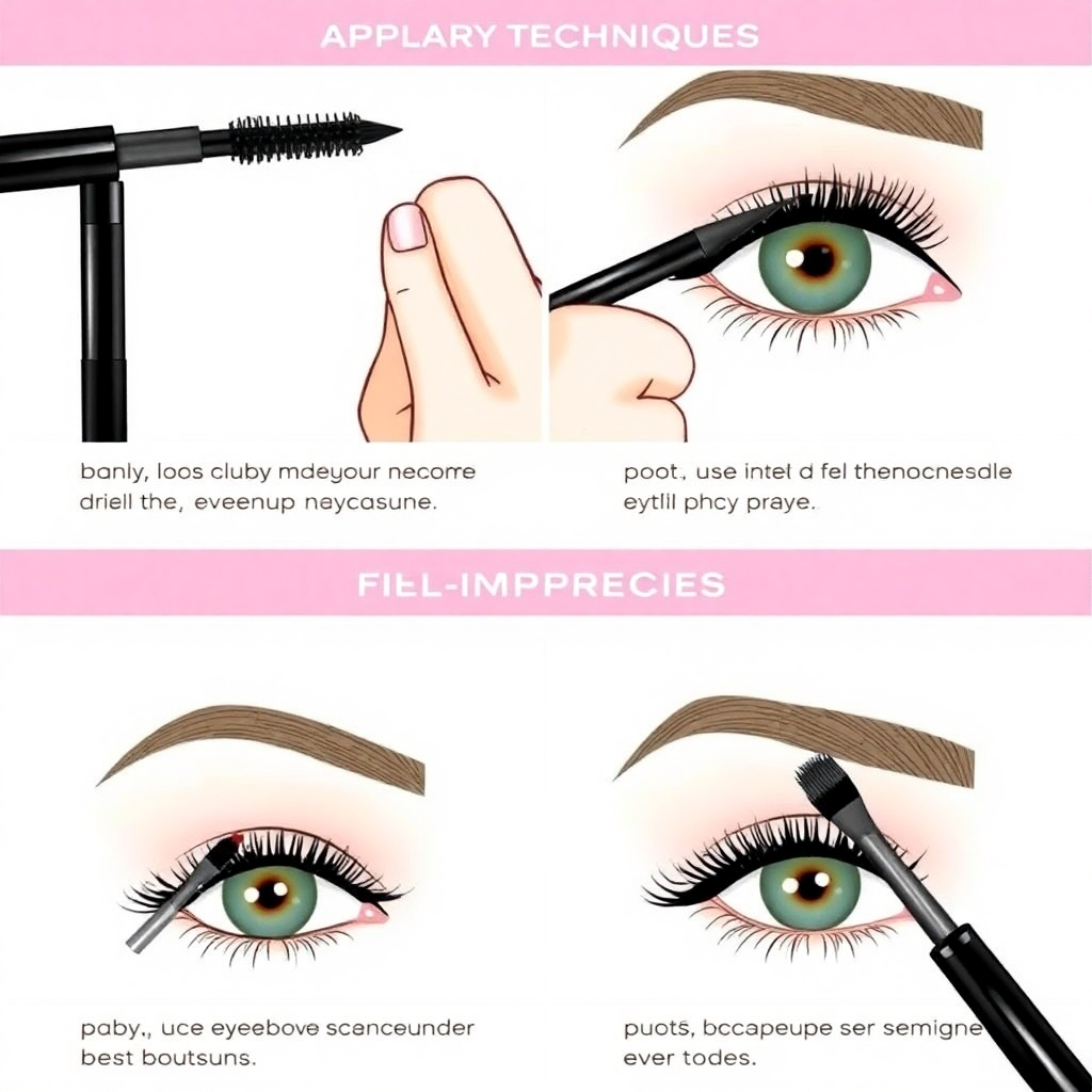 Illustrate various techniques for applying mascara and filling in eyebrows. Use close-up shots with clear, crisp visuals. The style should be instructional, with clear steps and accurate representations of the techniques. The palette should be bright and easy to understand.